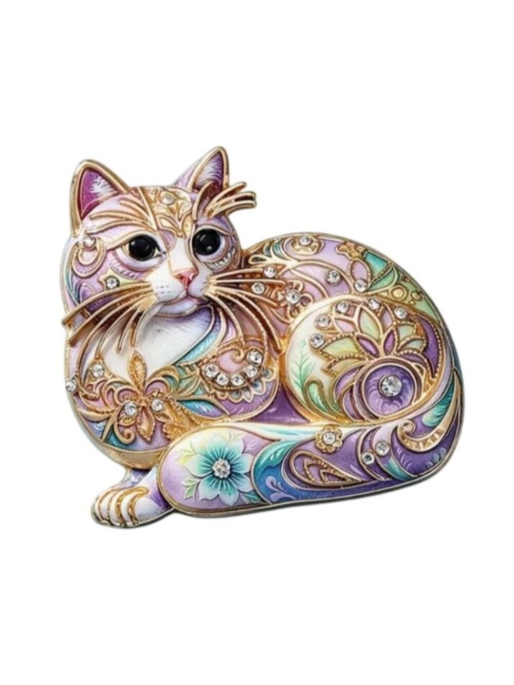 Decorative Cat Brooch Lavender Enamel with Crystal Accents Gold-Tone